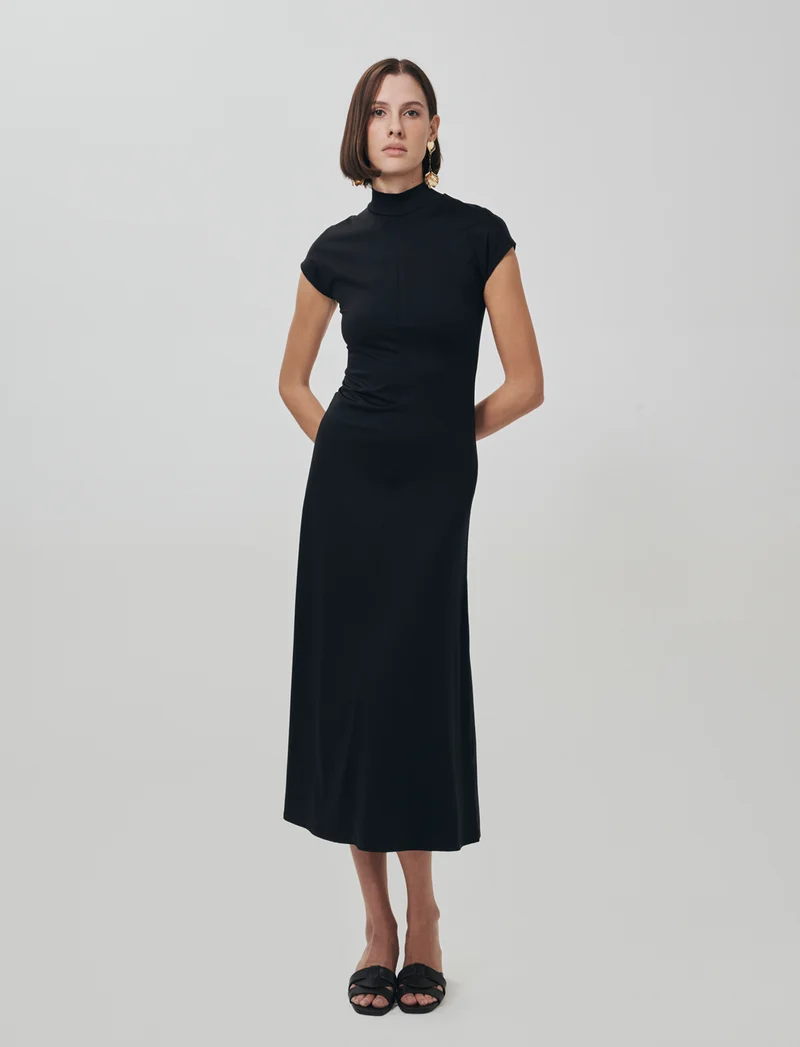Vestito lungo in cotone manica corta - Nero