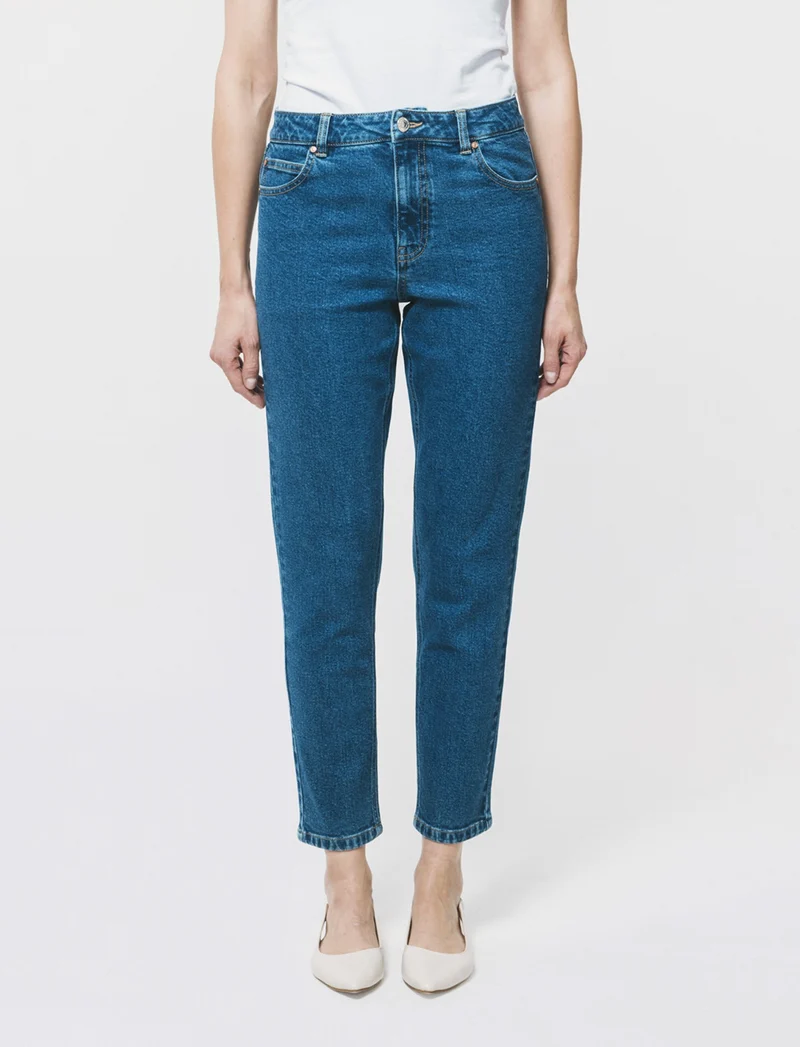 Jeans Mom Fit Slim Vita Alta con Tasche - Denim
