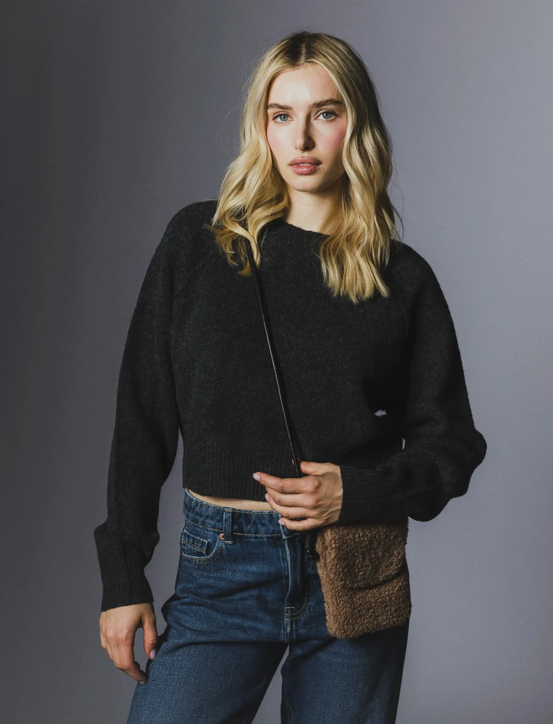 PULLOVER CROP CON CUCITURE IN RILIEVO - Antracite melange