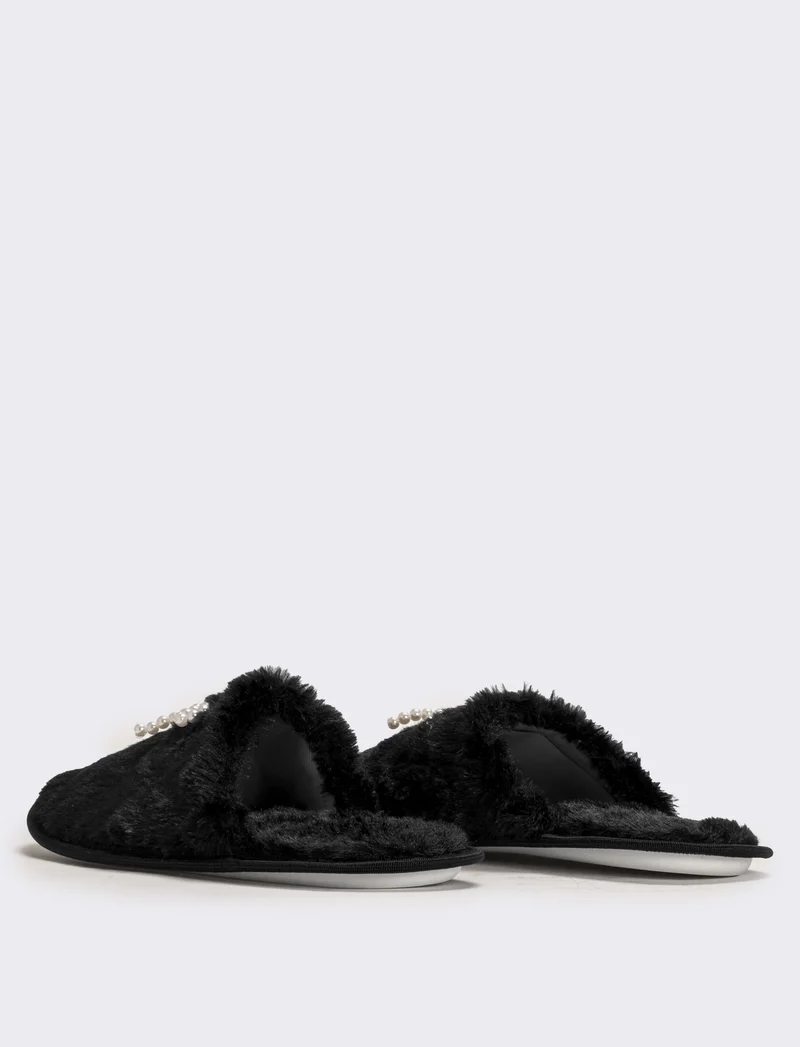 Pantofola da donna con fiocco di perle - Nero