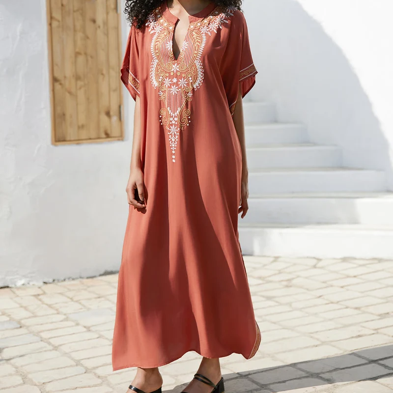 Olivenorma Strandbluse Vintage besticktes Kaftankleid
