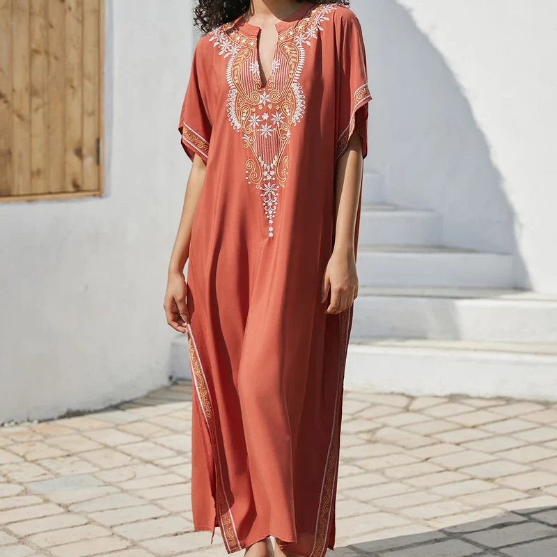 Olivenorma Strandbluse Vintage besticktes Kaftankleid