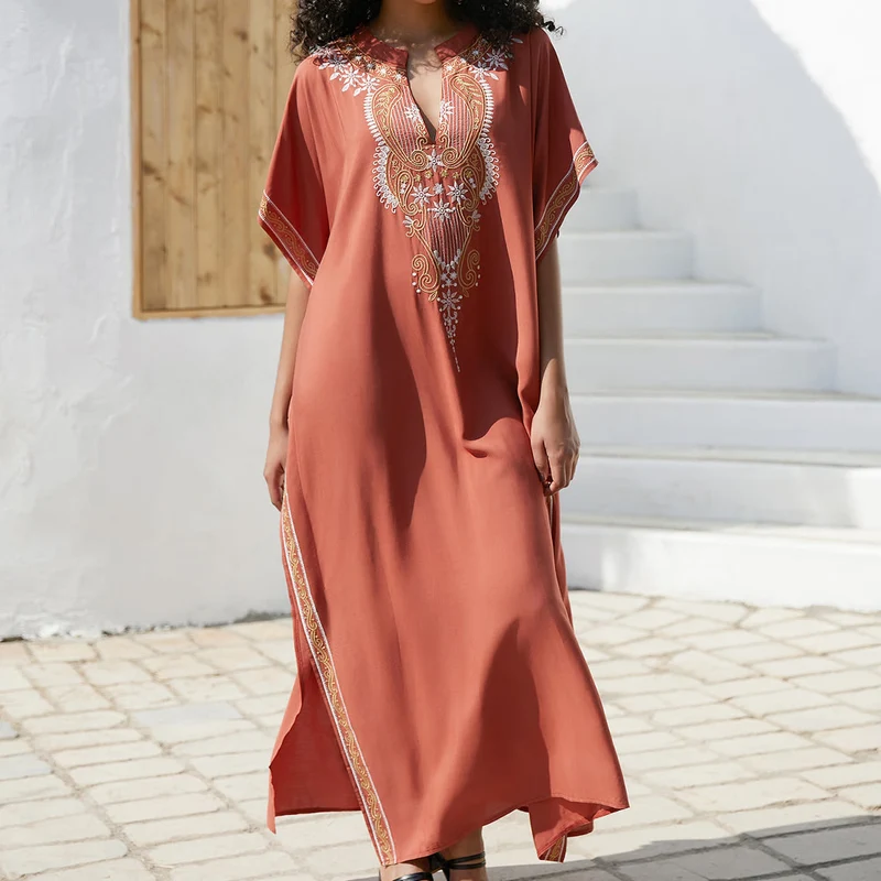 Olivenorma Strandbluse Vintage besticktes Kaftankleid
