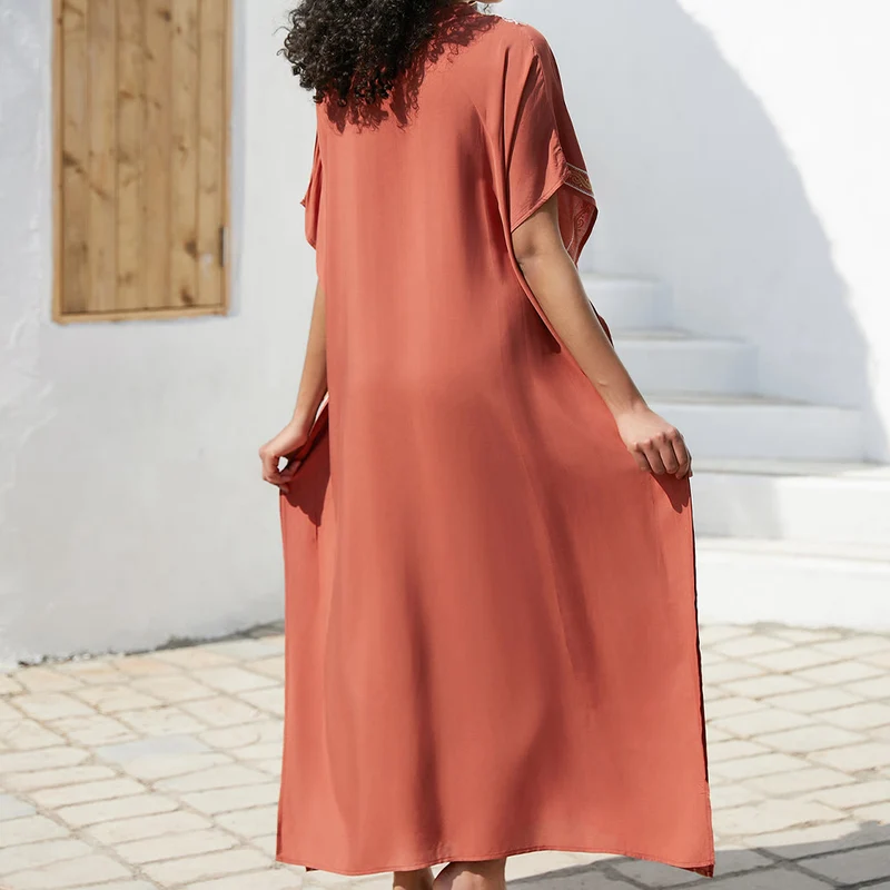 Olivenorma Strandbluse Vintage besticktes Kaftankleid