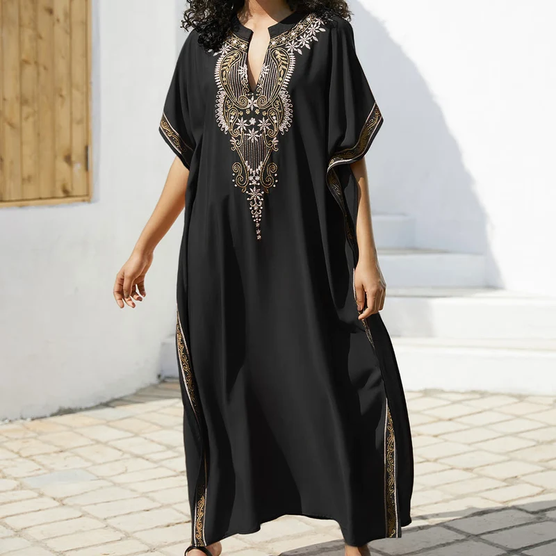 Olivenorma Strandbluse Vintage besticktes Kaftankleid
