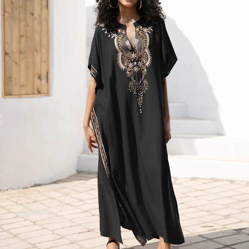 Olivenorma Strandbluse Vintage besticktes Kaftankleid