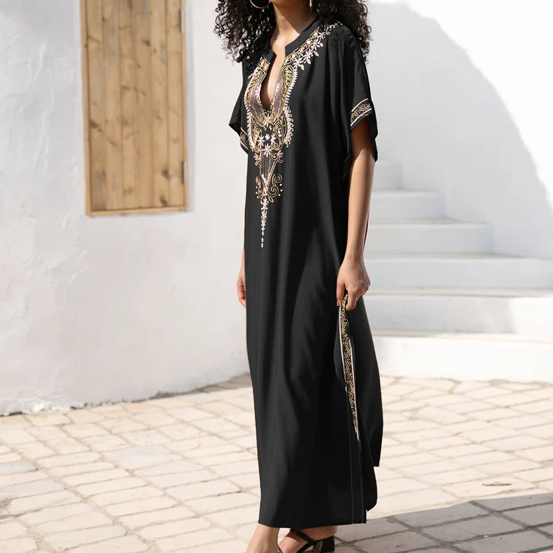 Olivenorma Strandbluse Vintage besticktes Kaftankleid