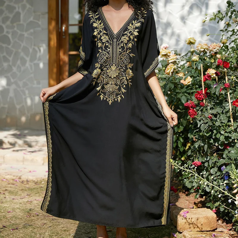 Olivenorma Strandbluse Besticktes Urlaubs-Kaftankleid