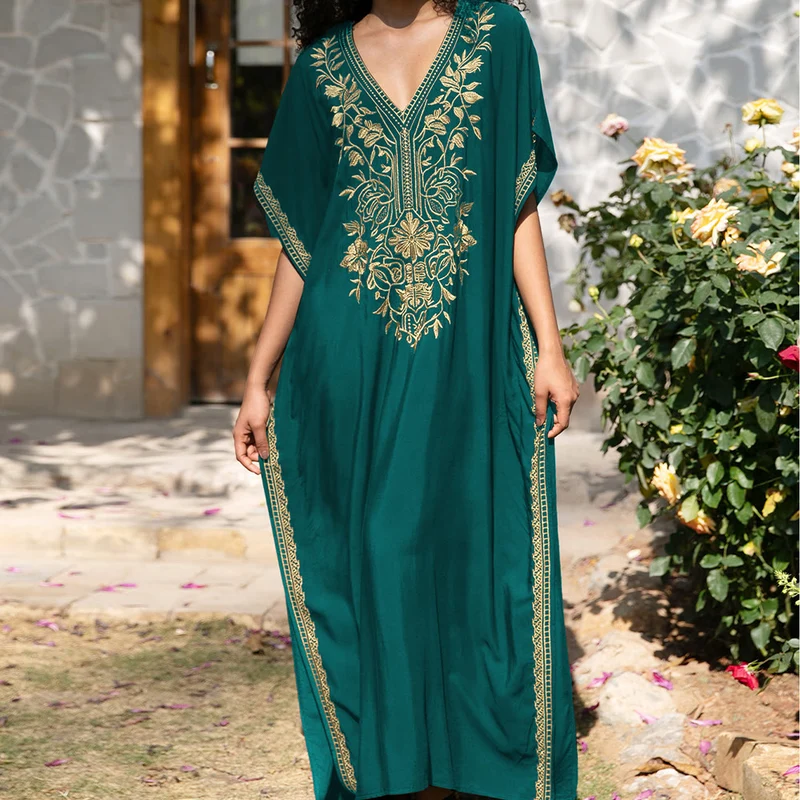 Olivenorma Strandbluse Besticktes Urlaubs-Kaftankleid