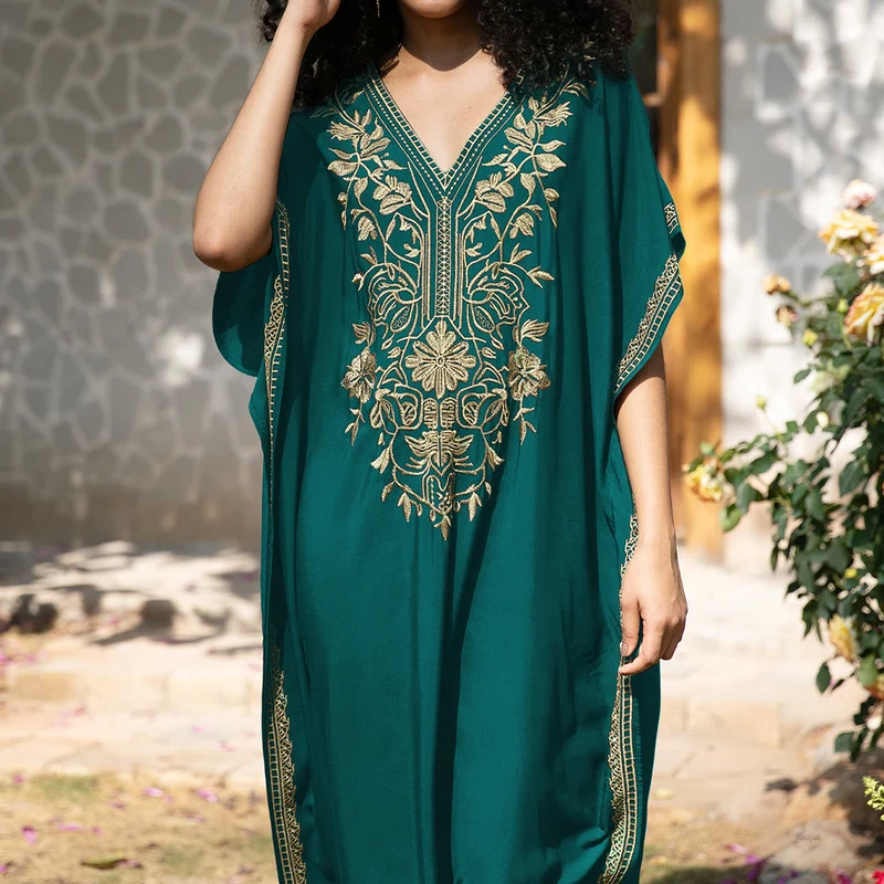 Olivenorma Strandbluse Besticktes Urlaubs-Kaftankleid