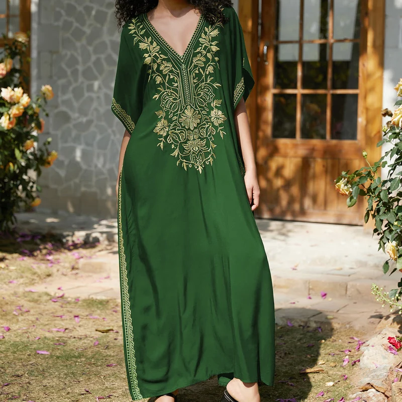 Olivenorma Strandbluse Besticktes Urlaubs-Kaftankleid