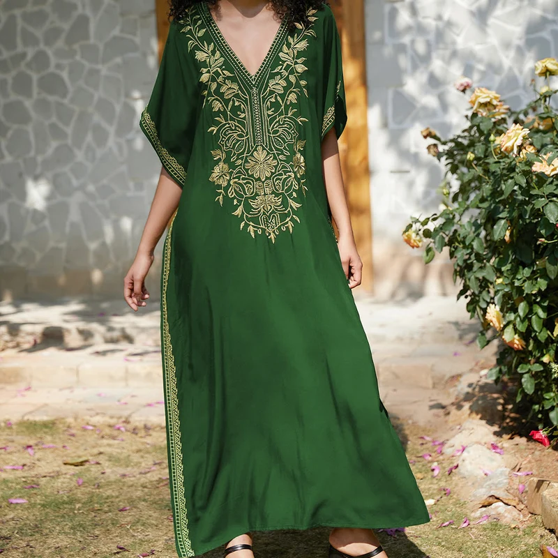 Olivenorma Strandbluse Besticktes Urlaubs-Kaftankleid