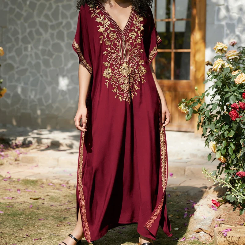 Olivenorma Strandbluse Besticktes Urlaubs-Kaftankleid