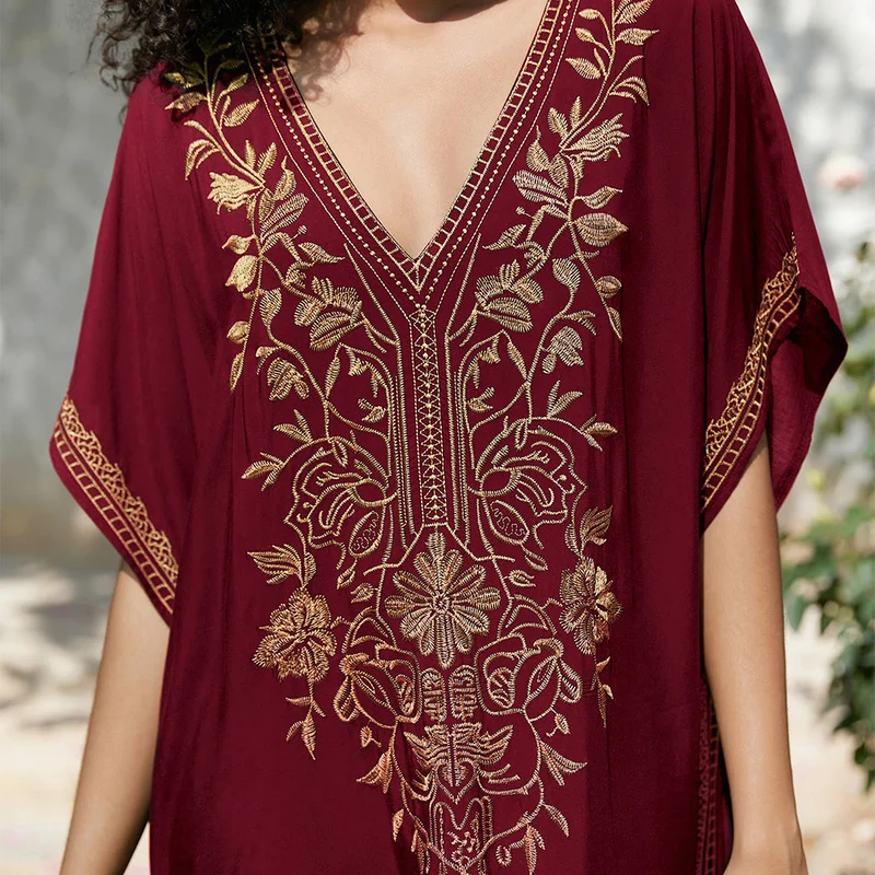 Olivenorma Strandbluse Besticktes Urlaubs-Kaftankleid