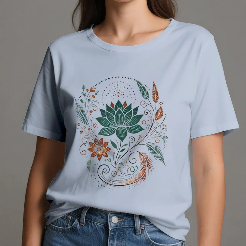 Olivenorma Yoga-T-Shirt aus Baumwolle mit Lotusblüten und Blättern