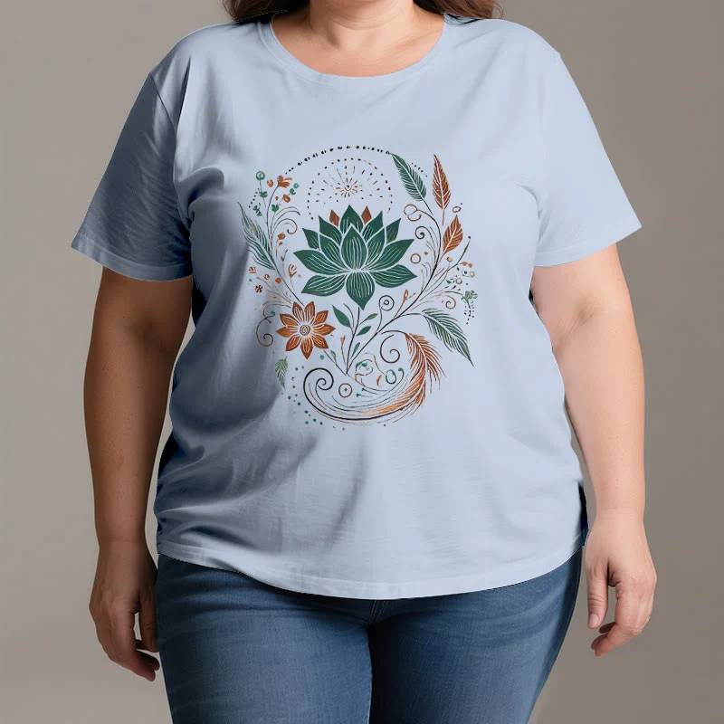 Olivenorma Yoga-T-Shirt aus Baumwolle mit Lotusblüten und Blättern