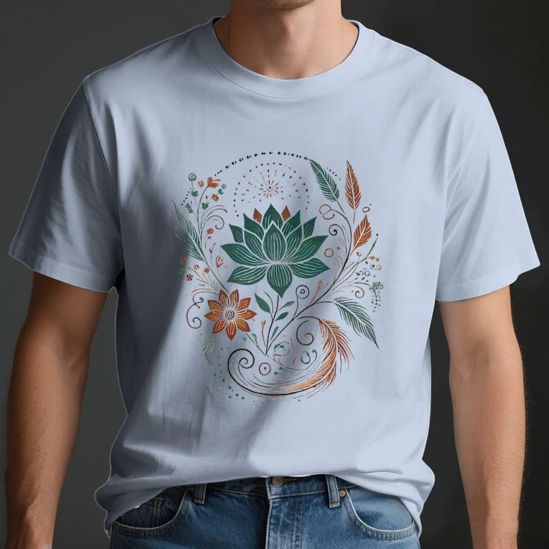 Olivenorma Yoga-T-Shirt aus Baumwolle mit Lotusblüten und Blättern