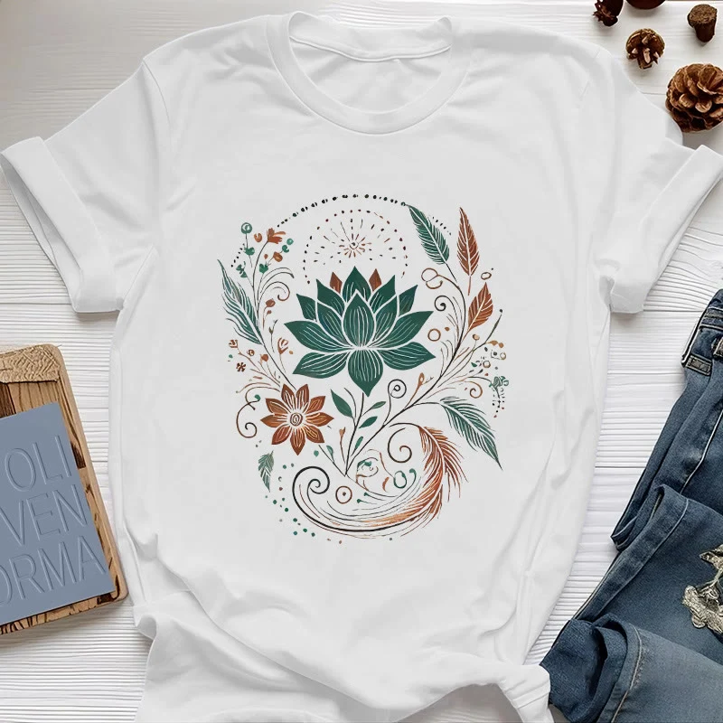 Olivenorma Yoga-T-Shirt aus Baumwolle mit Lotusblüten und Blättern