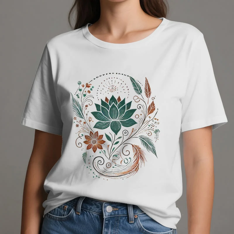 Olivenorma Yoga-T-Shirt aus Baumwolle mit Lotusblüten und Blättern