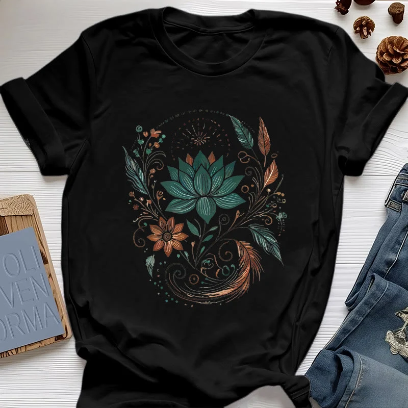 Olivenorma Yoga-T-Shirt aus Baumwolle mit Lotusblüten und Blättern