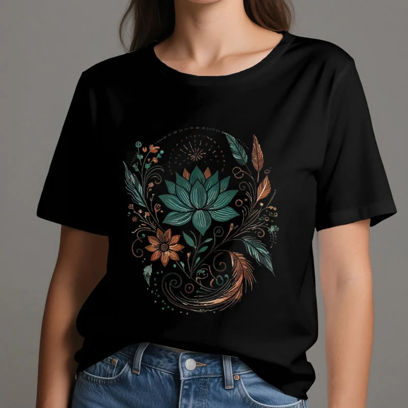 Olivenorma Yoga-T-Shirt aus Baumwolle mit Lotusblüten und Blättern