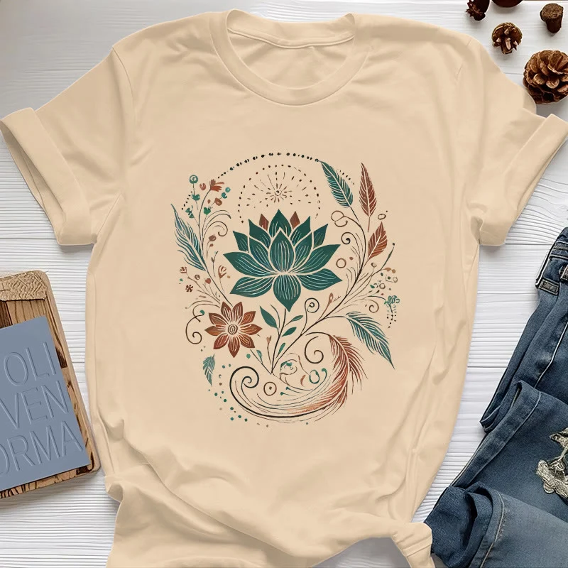 Olivenorma Yoga-T-Shirt aus Baumwolle mit Lotusblüten und Blättern