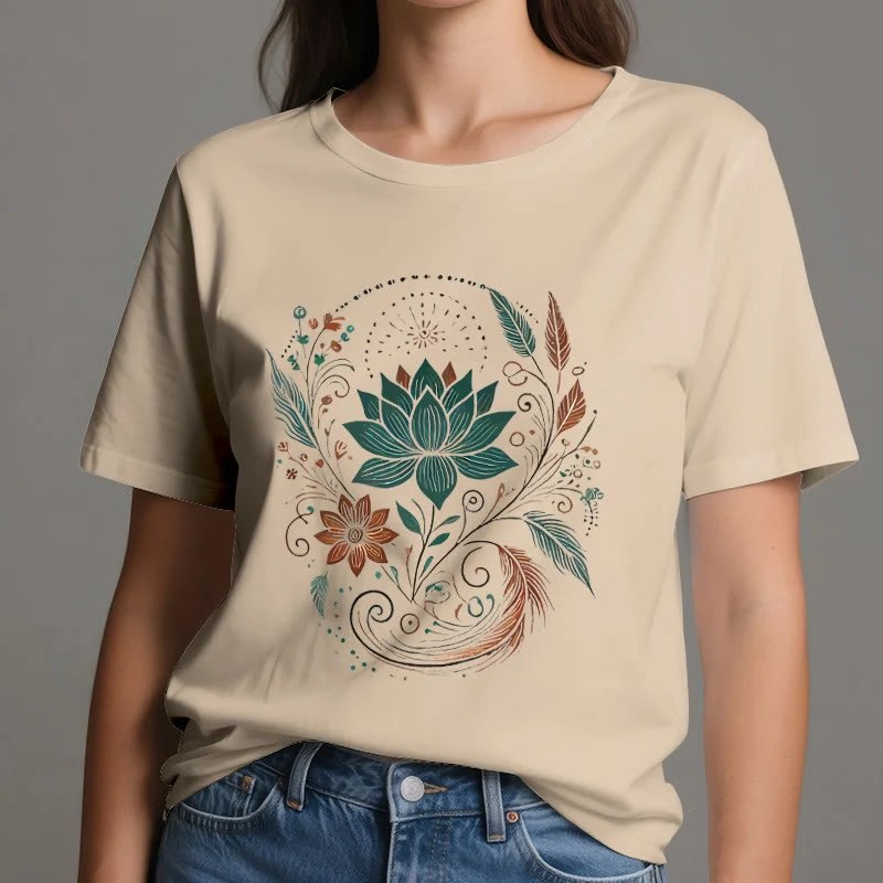 Olivenorma Yoga-T-Shirt aus Baumwolle mit Lotusblüten und Blättern