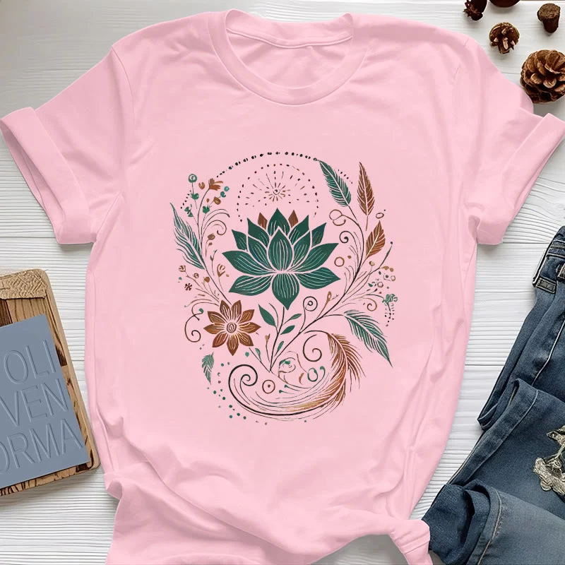 Olivenorma Yoga-T-Shirt aus Baumwolle mit Lotusblüten und Blättern