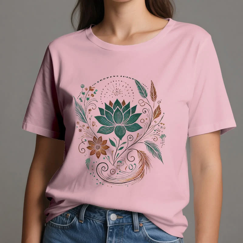 Olivenorma Yoga-T-Shirt aus Baumwolle mit Lotusblüten und Blättern