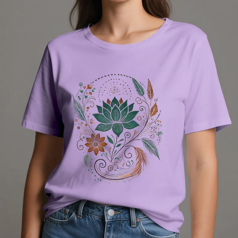 Olivenorma Yoga-T-Shirt aus Baumwolle mit Lotusblüten und Blättern