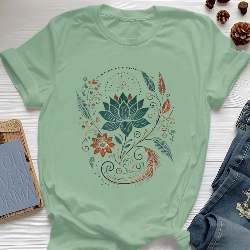 Olivenorma Yoga-T-Shirt aus Baumwolle mit Lotusblüten und Blättern