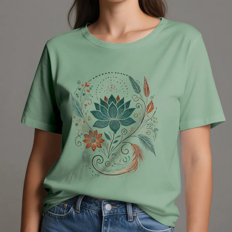 Olivenorma Yoga-T-Shirt aus Baumwolle mit Lotusblüten und Blättern