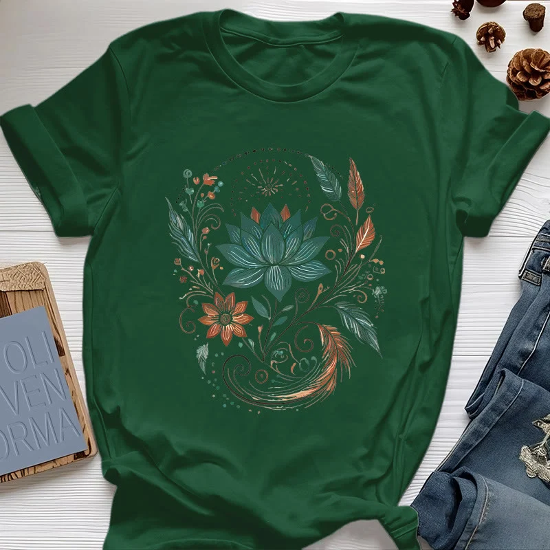 Olivenorma Yoga-T-Shirt aus Baumwolle mit Lotusblüten und Blättern
