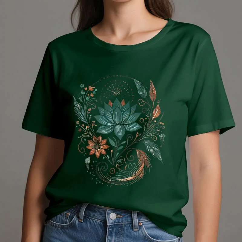 Olivenorma Yoga-T-Shirt aus Baumwolle mit Lotusblüten und Blättern
