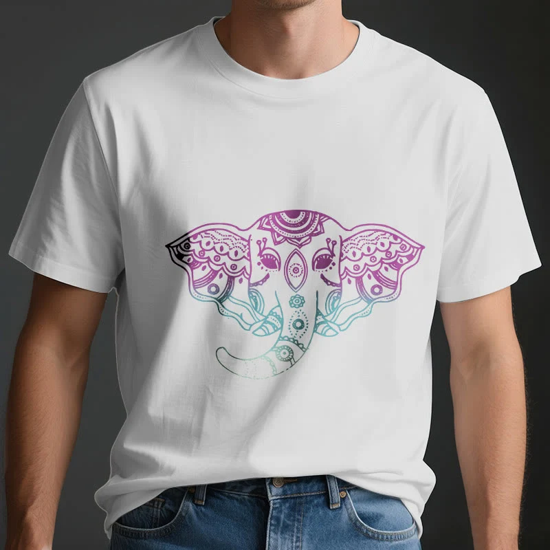 Olivenorma – Baumwoll-T-Shirt mit mystischem Elefanten-Mandala