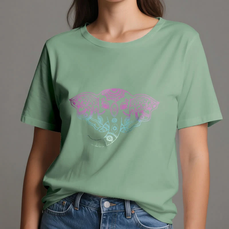 Olivenorma – Baumwoll-T-Shirt mit mystischem Elefanten-Mandala
