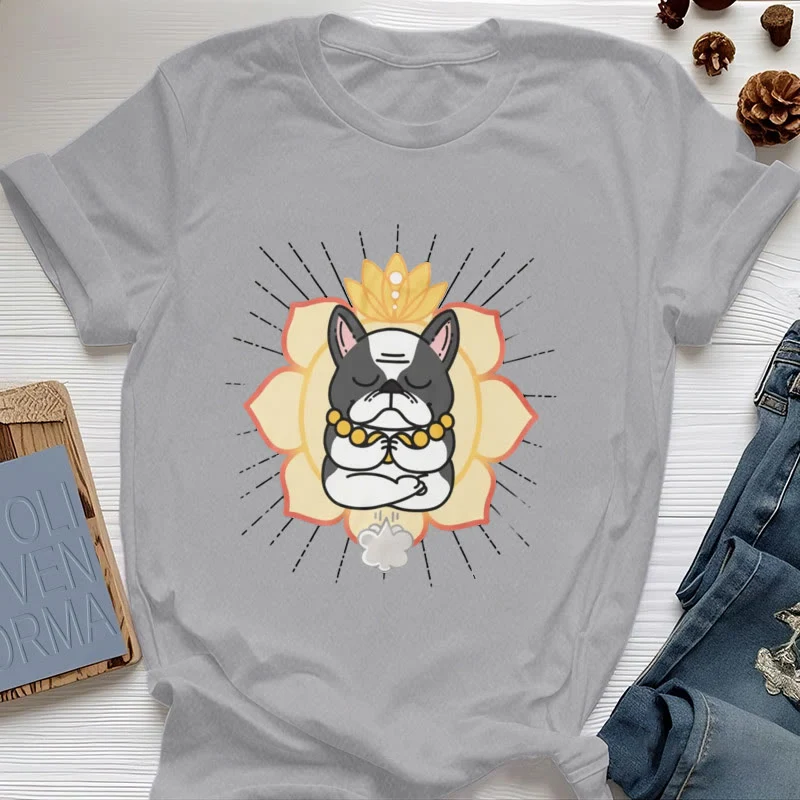 Olivenorma Yoga Meditation Französische Bulldogge Print T-Shirt