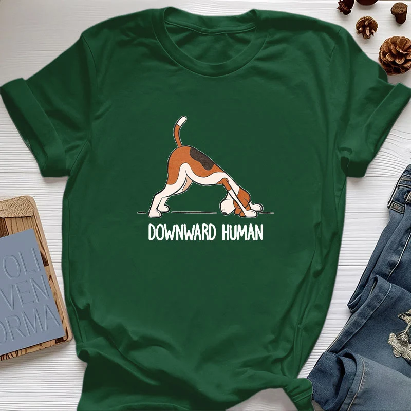 Olivenorma Yoga-T-Shirt mit abwärts gerichtetem Menschenmotiv