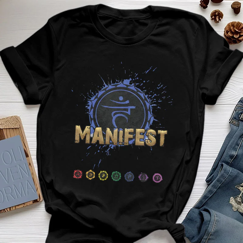 Olivenorma Unisex "MANIFEST" Halschakra Kurzärmeliges T-Shirt