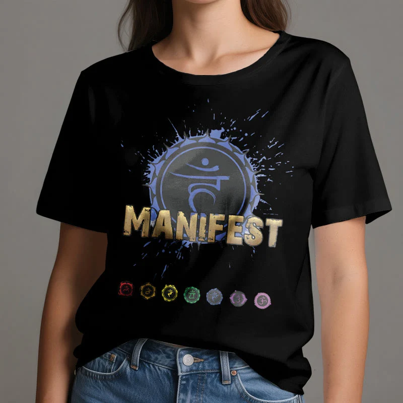 Olivenorma Unisex "MANIFEST" Halschakra Kurzärmeliges T-Shirt