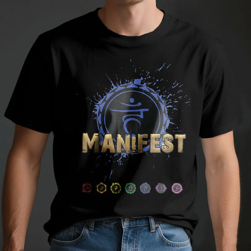 Olivenorma Unisex "MANIFEST" Halschakra Kurzärmeliges T-Shirt