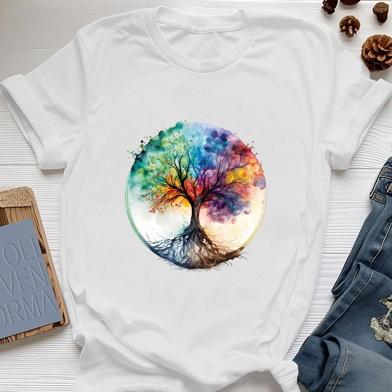 Olivenorma Regenbogen Baum des Lebens Spirituelles Baumwoll-T-Shirt
