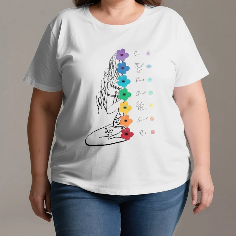 Olivenorma Meditationsmädchen 7 Chakra-Blumen T-Shirt
