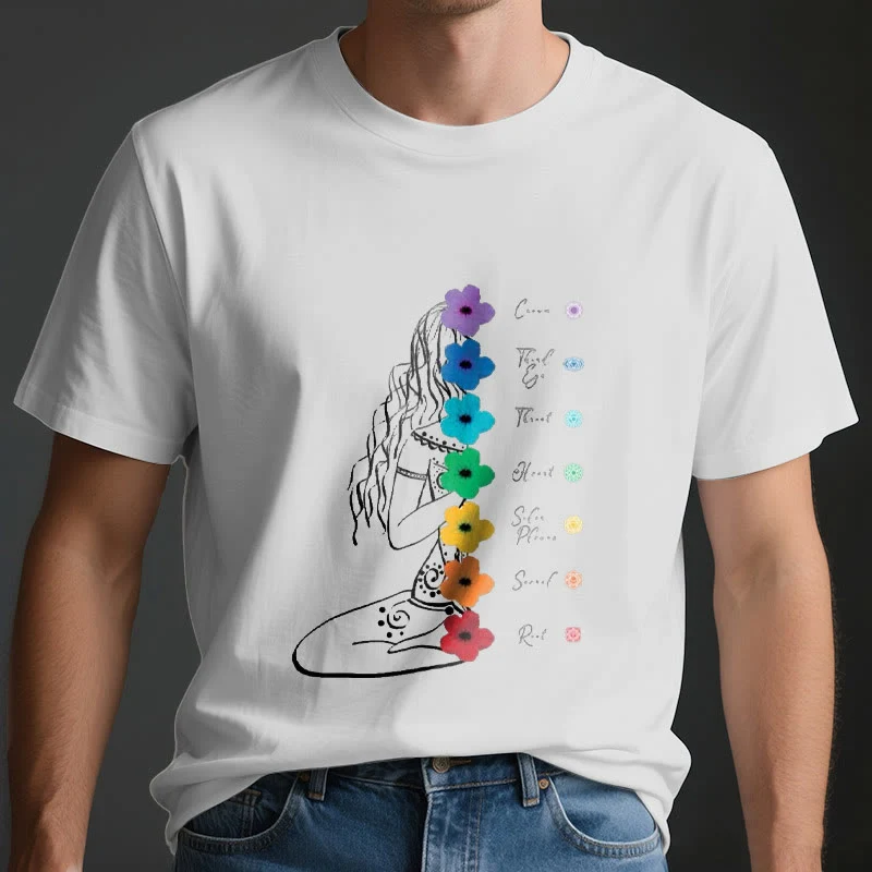 Olivenorma Meditationsmädchen 7 Chakra-Blumen T-Shirt
