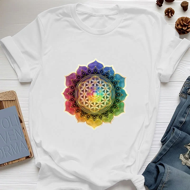Olivenorma 7 Chakra Medala Blume des Lebens Baumwoll-T-Shirt
