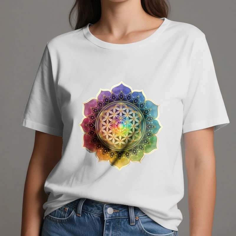 Olivenorma 7 Chakra Medala Blume des Lebens Baumwoll-T-Shirt