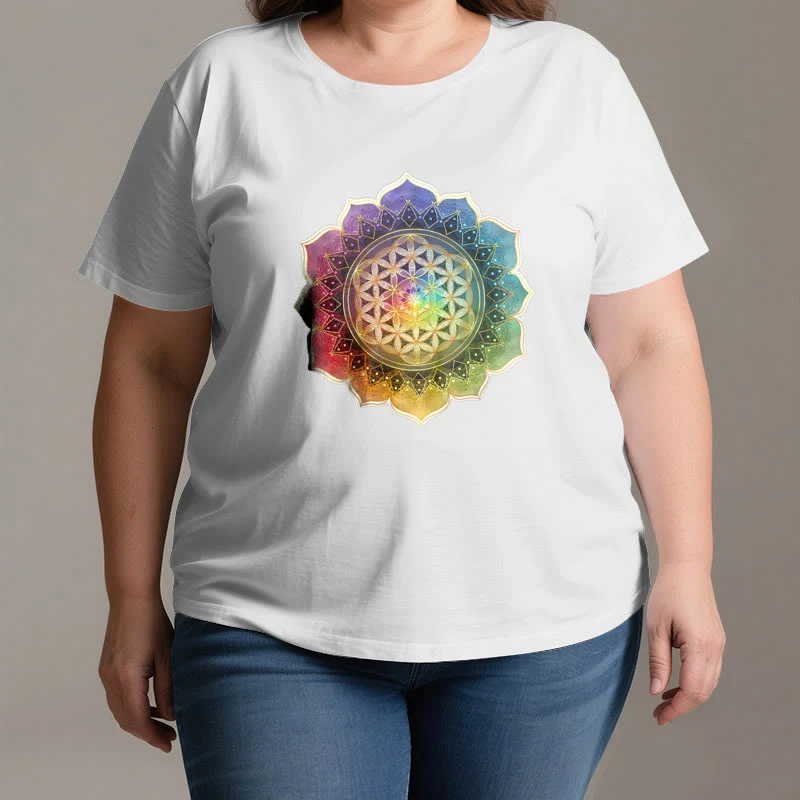 Olivenorma 7 Chakra Medala Blume des Lebens Baumwoll-T-Shirt