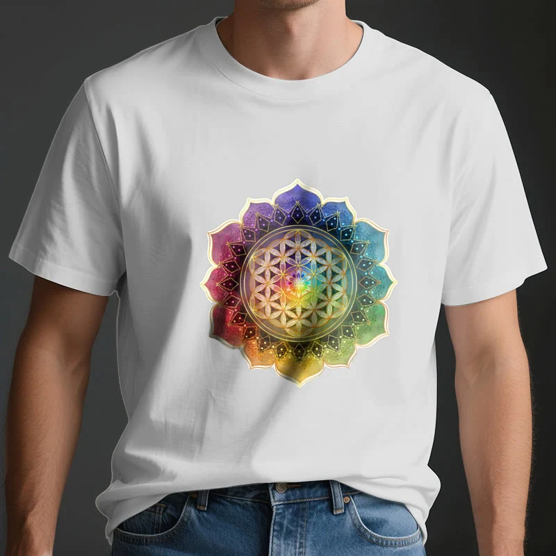 Olivenorma 7 Chakra Medala Blume des Lebens Baumwoll-T-Shirt