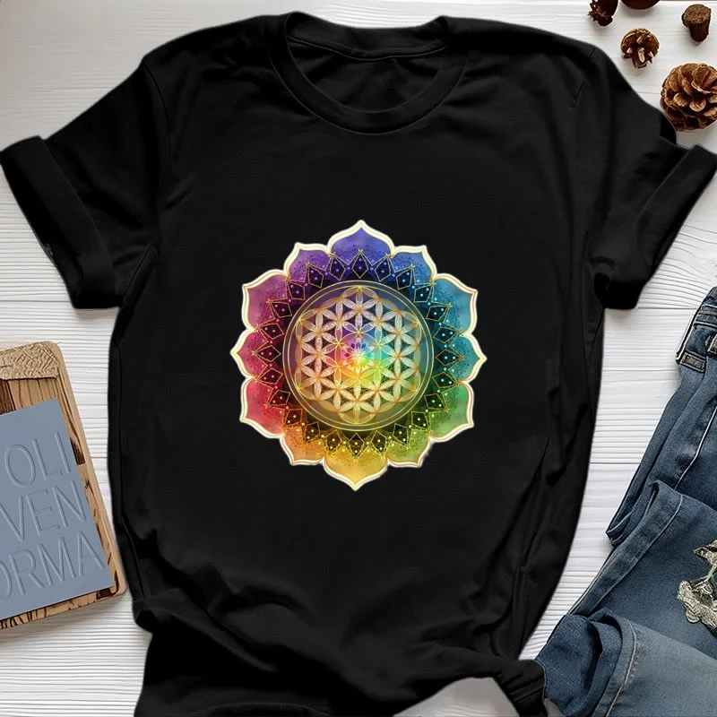 Olivenorma 7 Chakra Medala Blume des Lebens Baumwoll-T-Shirt