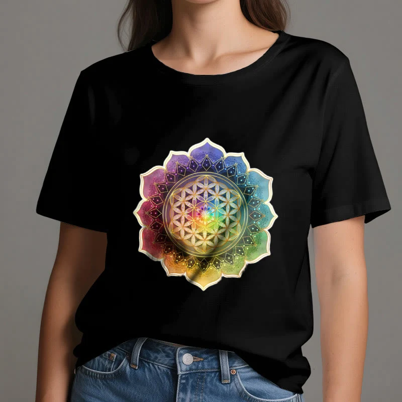 Olivenorma 7 Chakra Medala Blume des Lebens Baumwoll-T-Shirt